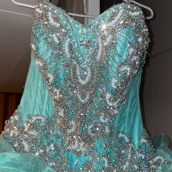 Champagne/Aqua Ruffled Strapless Quinceañera Dress by House of Wu (26800) Size 4 - Picture 7 of 17